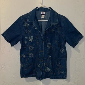 JM Collection Denim Button Down Short Sleeve Shirt with Floral Embroidery.